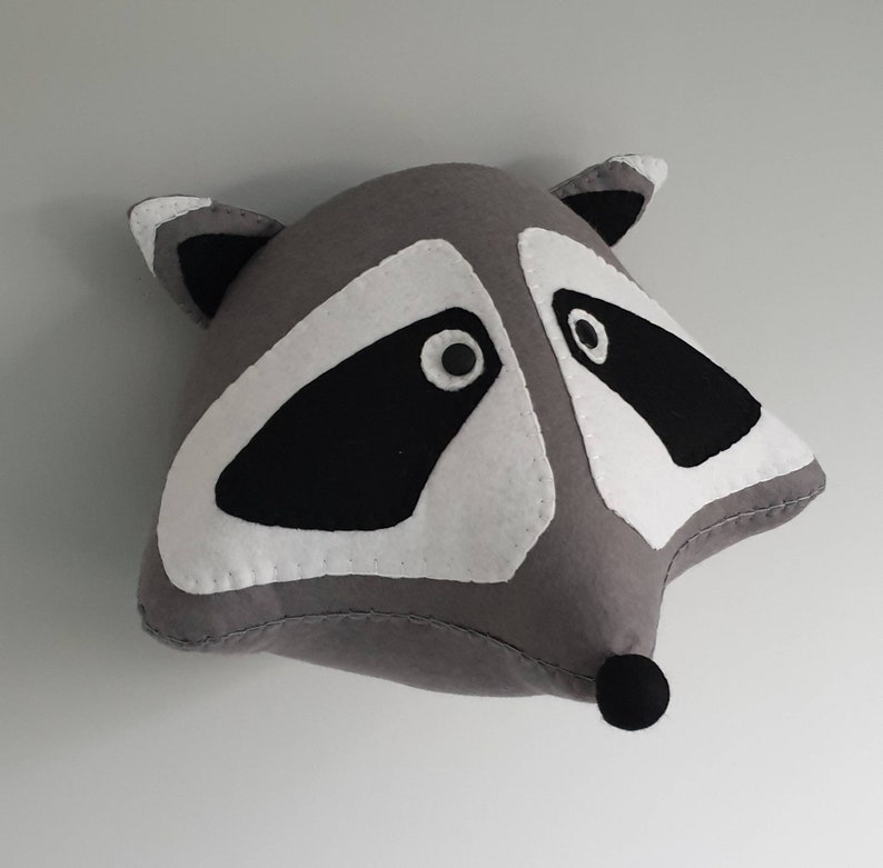 grey wall decor. Felt Wall Mounted Animal Head RACCOON Rocky Raccoon Faux Taxidermy