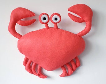 CRAB - Faux Taxidermy - Felt Wall Mounted Animal Head - Corey Crab - coral sea theme wall decor.