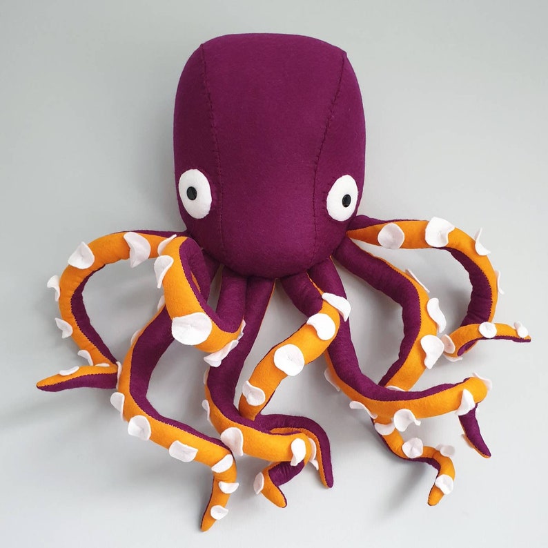 wall decor. Faux Taxidermy Felt Wall Mounted Animal Head OCTOPUS Orlando Octopus Purple and Orange
