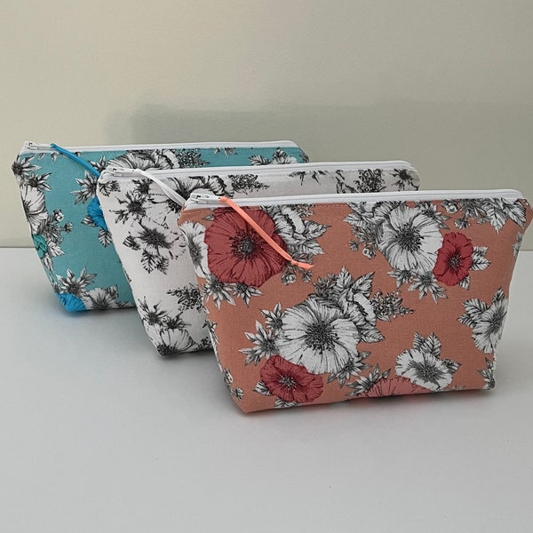 Handmade Zipper Bags - Pastel Rustic Floral Print Cotton - Padded - Boxed Bottom - Pencil Pouch - Sewing Notions - Travel Cosmetics Bag
