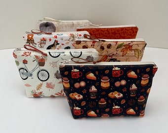 Handmade Fall Themed Zipper Pouch: Petite Padded Cosmetic Bag
