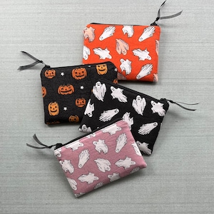 Handmade Halloween - Glow in the Dark Coin Purse - Mini Zip Pouch - Ghosts & Jack-O-Lanterns - Black - Pink - Orange - Coin or Pencil Pouch