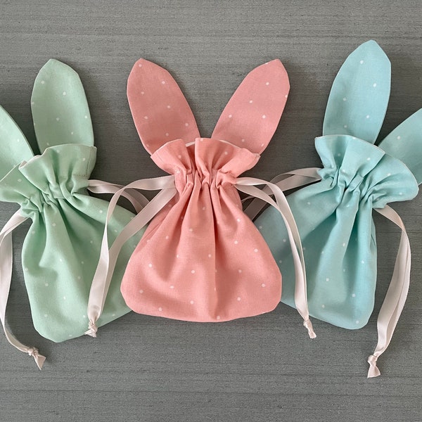 Spring Pastel Dot Bunnies - Handmade Fabric Treat Bags - Reusable Cotton - Small Gift Bag - Treat Sacks - Party Favors