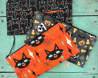 Handmade Halloween Pencil Pouch: Witchy Black Cats Cosmetic Bag