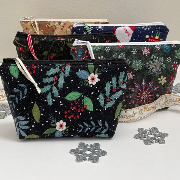Handmade Holidays Glittered Petite Cosmetic Bags - Stand-Up Boxed Bottom - Padded - Zipper Pouch - Snowflakes - Santa - Holly - Gingerbread