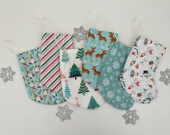 Mini Christmas Stockings – Cotton Winter Prints, Pastel Gift Bags