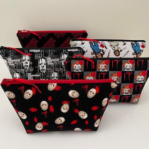 Handmade 80&#39;s Horror Movie & TV Themed Fabric Cosmetic Bag - Pencil Pouch - Padded Zipper Pouch - Multiple Sizes - Great Gift - NEW PRINTS!