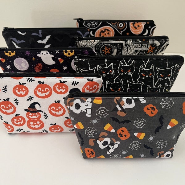 Handmade Halloween - Two Sizes Padded Cosmetic Bag Zipper Pouch - Witchy Jack-o-Lanterns - Happy Ghosts Bats and Cute Dogs - Black Cat Tarot