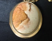 Vintage Pink Jasper Gold Tone Locket Pendant Necklace, Large Jasper Locket Pendant 2.25 quot x 1.5 quot Vintage Gemstone Locket Pendant