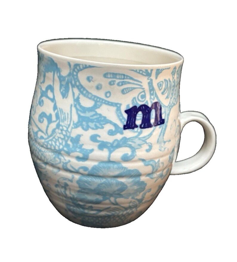 ANTHROPOLOGIE Homegrown Alphabet Monogram Ceramic Mugs Letter M Blue MINT 4" image 2