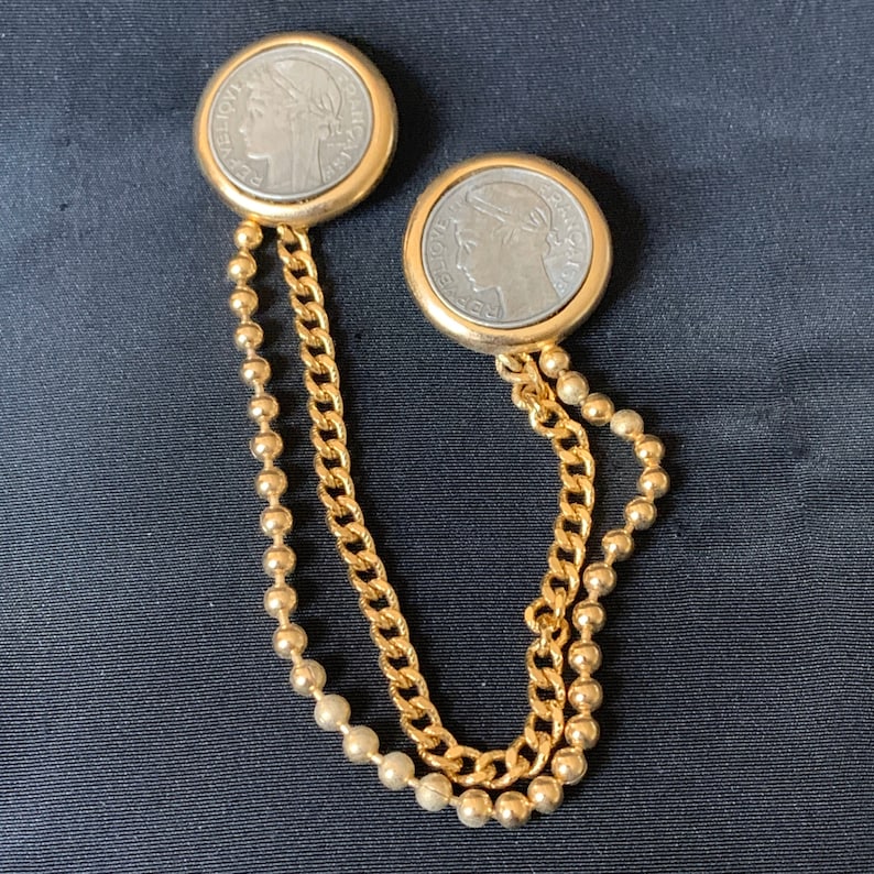 Vintage French Francs Coin Chain Double Brooch Pin Coin Shirt Collar Brooch Sweater Guard Clips Pin With Chain Republique Francaise Coins