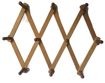 Vintage Accordion Adjustable Wooden Peg Rack Wall Hooks Rack, Vintage 10 Pegs Adjustable Wood Accordion Rack