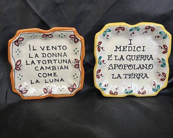 2 Vintage Deruta Ceramic Mini Plates W/ Italian Popular Phrases Signed A.R.S. 4"