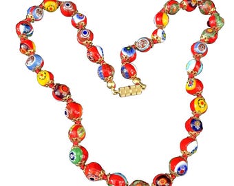 Vintage Murano Millefiori Glass Necklace Hand-Knotted Italian Art Jewelry Venice