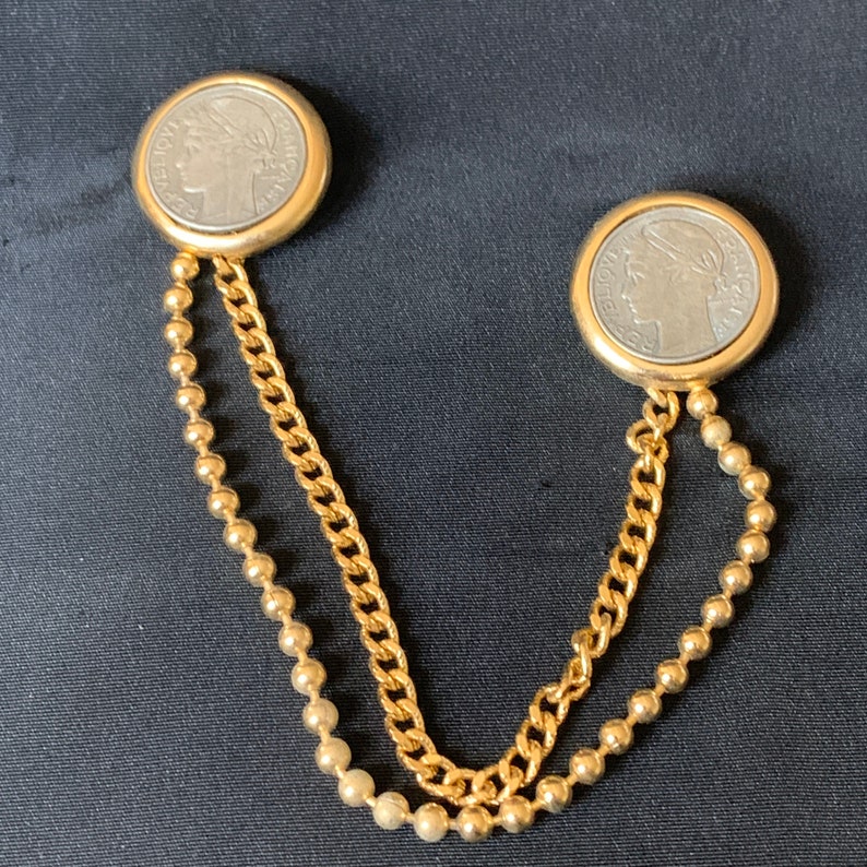 Vintage French Francs Coin Chain Double Brooch Pin Coin Shirt Collar Brooch Sweater Guard Clips Pin With Chain Republique Francaise Coins