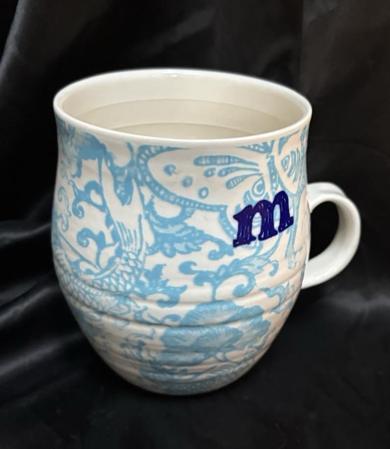 ANTHROPOLOGIE Homegrown Alphabet Monogram Ceramic Mugs Letter M Blue MINT 4" image 1