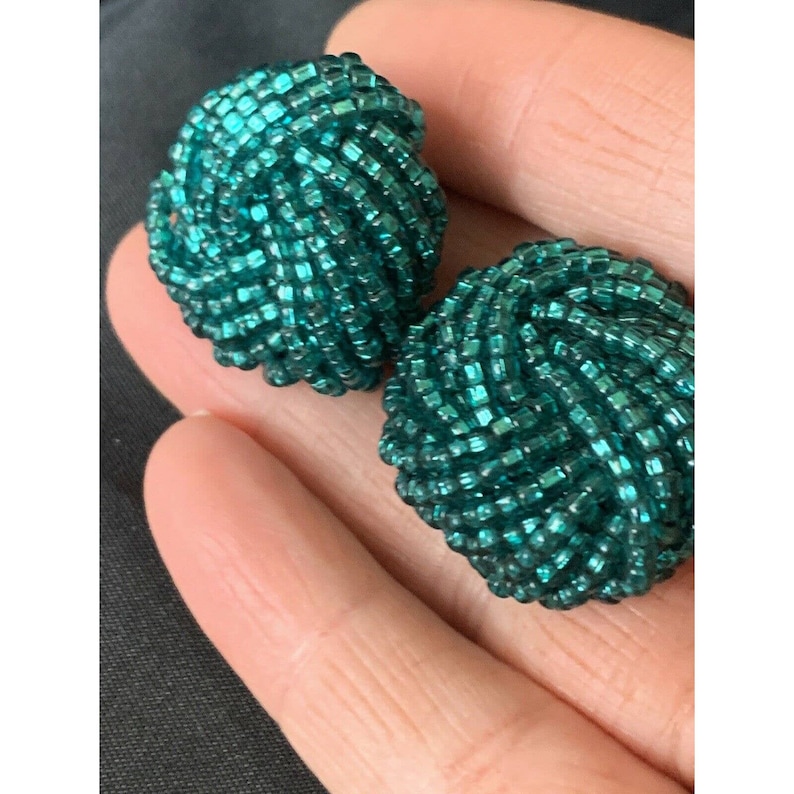 Vintage Green Seed Bead Cluster Knot Stud Earrings 1 Wide Costume Earrings