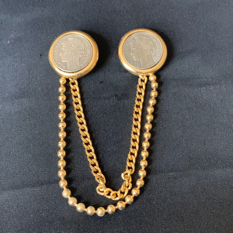 Vintage French Francs Coin Chain Double Brooch Pin Coin Shirt Collar Brooch Sweater Guard Clips Pin With Chain Republique Francaise Coins