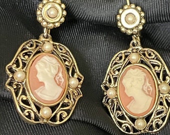 New Vintage Faux Cameo Drop Tangle Earrings & Faux Pearls Gold Tone Nickel Free
