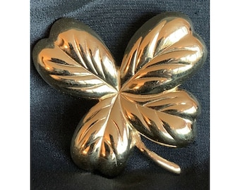 Vintage Monet Shamrock 4 Leaf Clover Brooch Pin Gold Tone 2"x2" Monet Jewelry