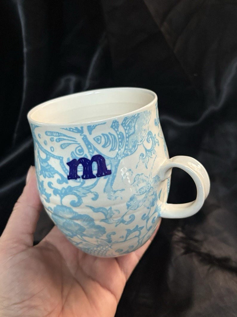 ANTHROPOLOGIE Homegrown Alphabet Monogram Ceramic Mugs Letter M Blue MINT 4" image 3
