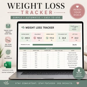 Könnte beinhalten: Ein digitaler Gewichtsverlust-Tracker auf einem Laptop-Bildschirm, der eine Tabelle mit Spalten für Datum, Gewicht in lbs, Veränderung und Notizen zeigt. Die Benutzeroberfläche enthält Zusammenfassungsfelder für Start-, Ziel- und aktuelles Gewicht.