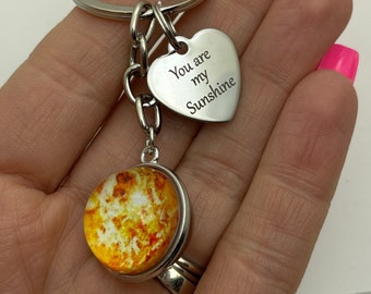 You are my sunshine keychain, gift for child, gift for daughter, sun charm, heart charm, laser engraved heart charm you are my sunshine