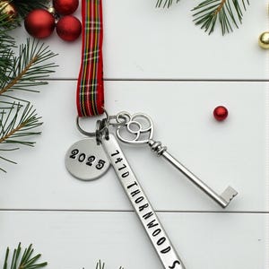 Housewarming gift, hostess gift, realtor, Home Ornament, New House, Address Key, personalized, First Christmas, Home Sweet Home