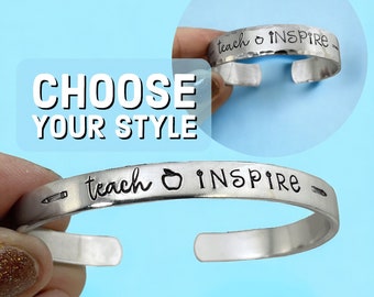 Hand Stamped Teacher Bracelet: Teach Inspire, Aluminum Cuff