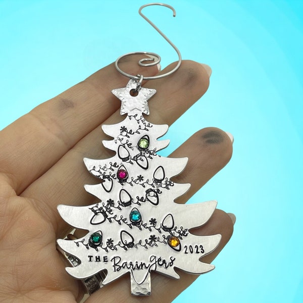 Family Tree Ornament with Birthstones, Christmas Tree shaped ornament personalized with family birthstones, Christmas gift for family