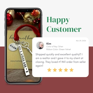 May include: A smartphone displays a silver key and a tag with "605 N. LUCIA AVE-A" and "2025" on a red ribbon. The screen shows a customer review with a 5-star rating and the text "Happy Customer."