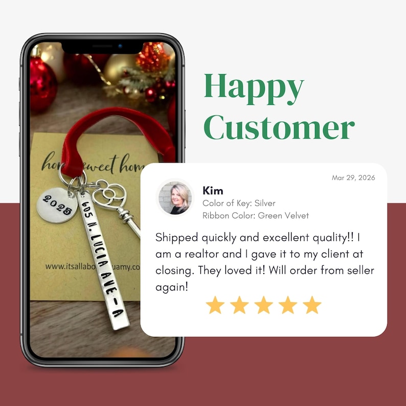 May include: A smartphone displays a silver key and a tag with "605 N. LUCIA AVE-A" and "2025" on a red ribbon. The screen shows a customer review with a 5-star rating and the text "Happy Customer."