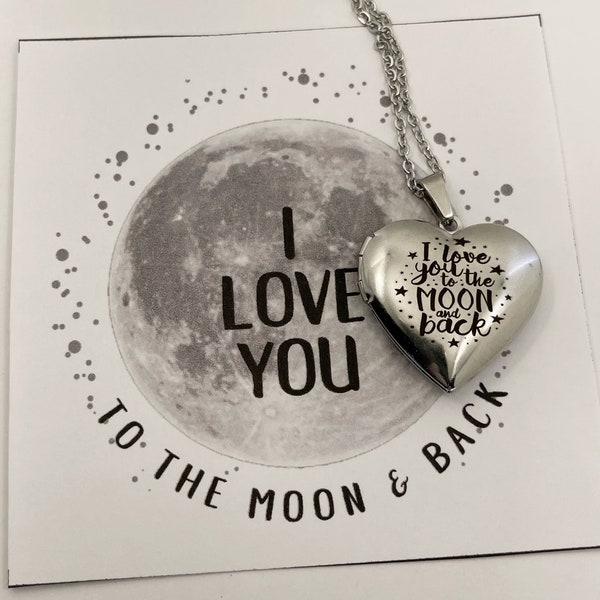 I love you to the moon and back, Stainless steel heart locket, I love you to the moon and back necklace, silver heart locket necklace