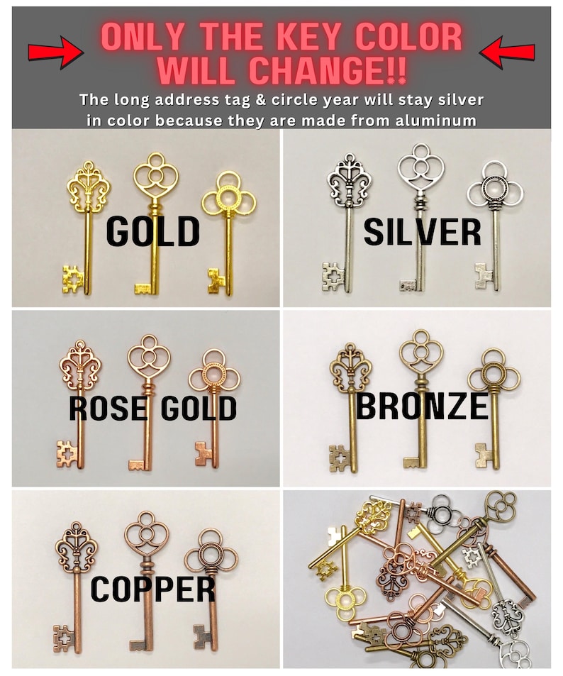 antique skeleton keys in gold, silver, copper, bronze, and rose gold