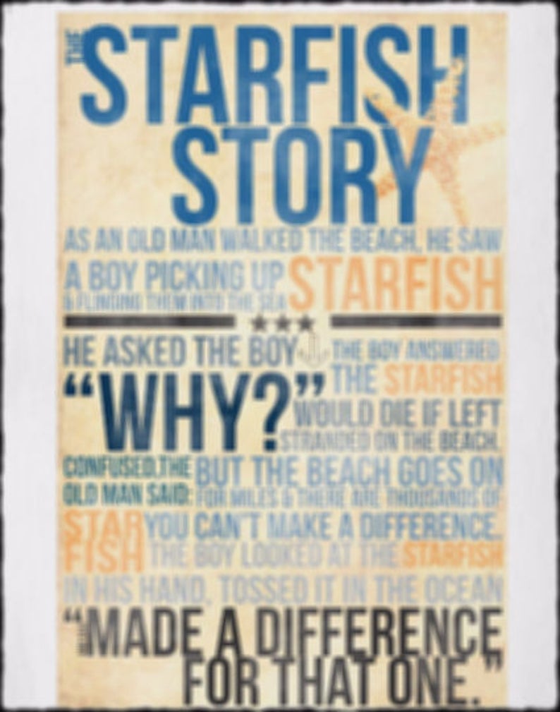 May include: A rectangular wall art print featuring the text The Starfish Story in blue and orange typography on a beige background. The design includes a starfish illustration and the full narrative text about a boy throwing starfish into the sea.