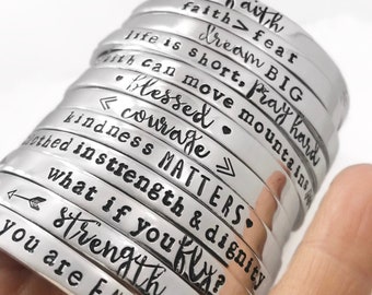 Personalized Inspirational Cuff Bracelet, Faith based jewelry, Inspirational Custom Message silver stacking bracelet, aluminum cuff bracelet
