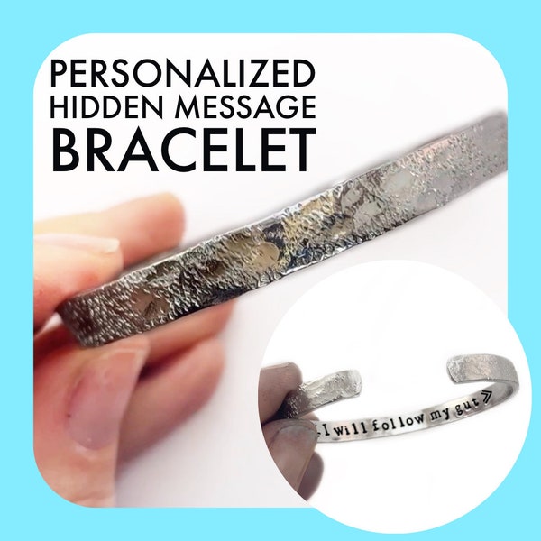 Customized hidden message bracelet, Birthday gift for women, silver cuff bracelet, Custom saying mantra bracelet, Your word custom cuff