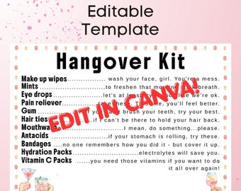 May include: A 5x7 editable template for a Hangover Kit featuring a list of items including make up wipes, mints, eye drops, pain reliever, gum, hair ties, mouthwash, antacids, bandages, hydration packs, and vitamin C packs with text.