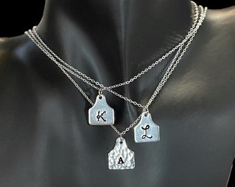 Tiny cattle tag initial necklace, personalized cow tag necklace with initial, cowgirl country style western necklace, custom gift for friend