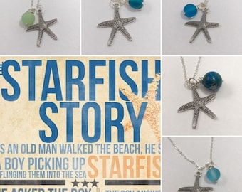 Silver Starfish Necklace, Teacher gifts, It matters to this one, Starfish Story Jewelry, Genuine Sea glass Beach Jewelry, Adoption gifts