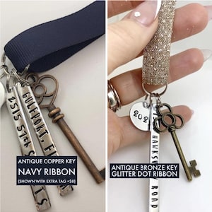 custom new home ornament, housewarming gift for new homeowners, red velvet ribbon, antique skeleton key, navy ribbon with copper key and extra tag, bronze key and a glitter ribbon