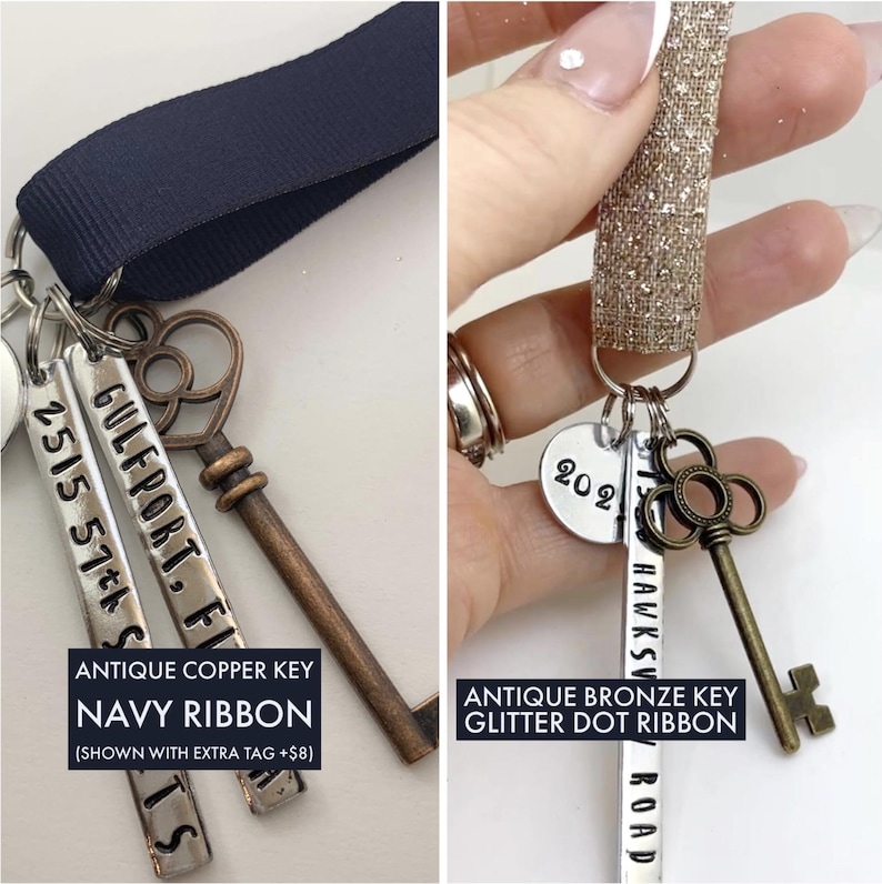 custom new home ornament, housewarming gift for new homeowners, red velvet ribbon, antique skeleton key, navy ribbon with copper key and extra tag, bronze key and a glitter ribbon