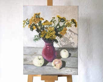 油絵の静物画、キャンバスに描かれた油絵、花瓶の花、ティーポット