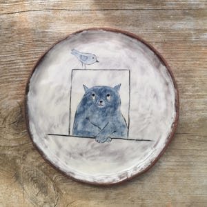 Handmade hand painted ceramic decorative plate with cat ,Rustic plate, Original home decor, Modern Pottery, Original gift, Pottery art
