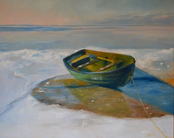 Oil Painting, Seascape oil painting, Landscape painting, Oil painting original,  Seascape wall art, Boat painting, Winter. Sea wall art