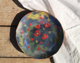 Hand-Painted Ceramic Bowl: Red Poppy Art, Rustic Home Decor