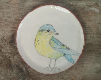 Handgemaakte keramische vogelplaat: rustiek aardewerkkunstdecor