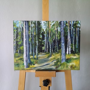 Original Forest Oil Painting: Woodland Path Landscape Art (11.8x15.7)