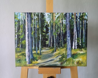 Original Forest Oil Painting: Woodland Path Landscape Art (11.8x15.7)