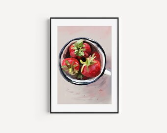 Strawberry painting, Printable strawberry art, Digital art, Kitchen Wall art, Fruit painting, Instant download, Printable art